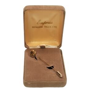 Vtg Empress Genuine Tiger Eye Stone Tie Stick Pin in Original Box Gold Tone